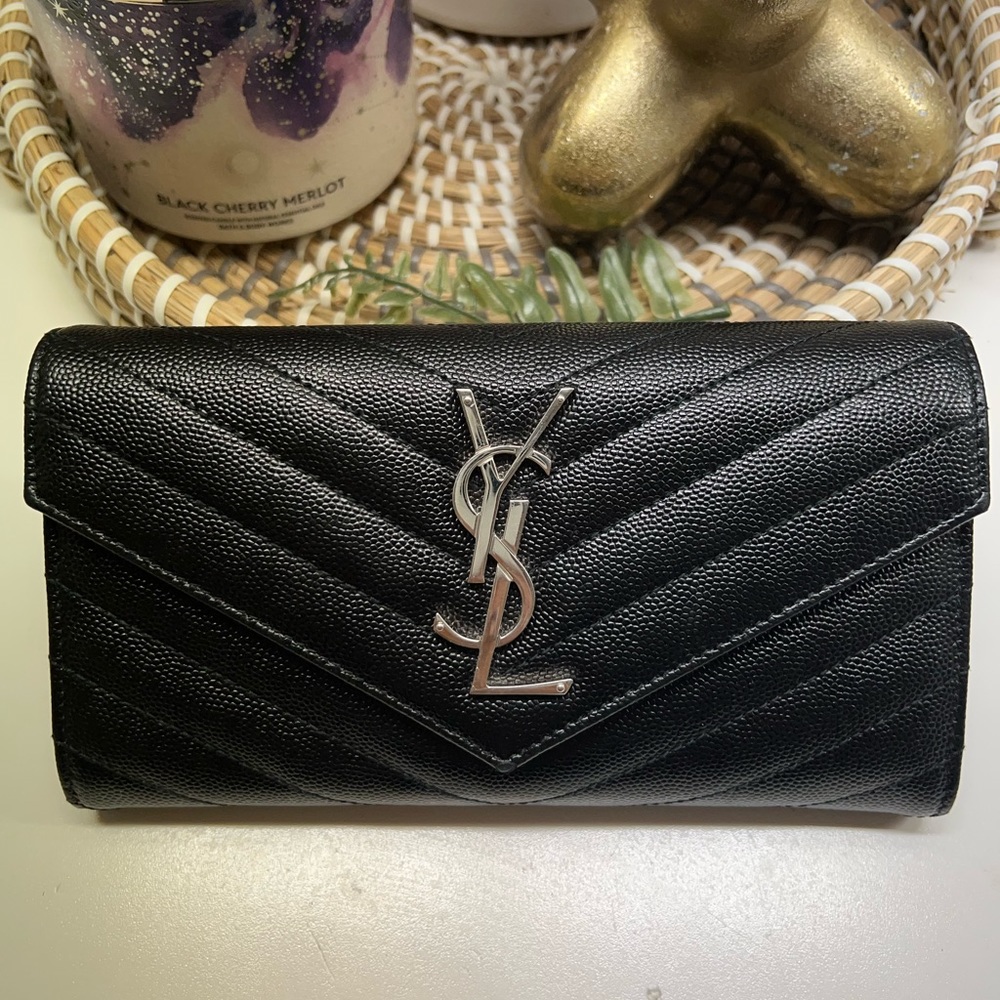 YSL CASSANDRE MATELASSÉ LARGE FLAP WALLET IN GRAIN DE POUDRE EMBOSSED LEATHER